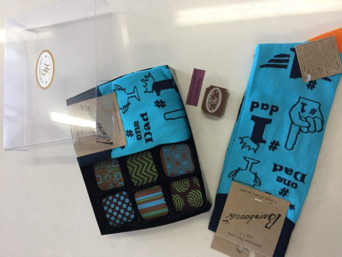 6 Chocolate Almond Toffee Squares and men’s bamboo No 1 Dad socks