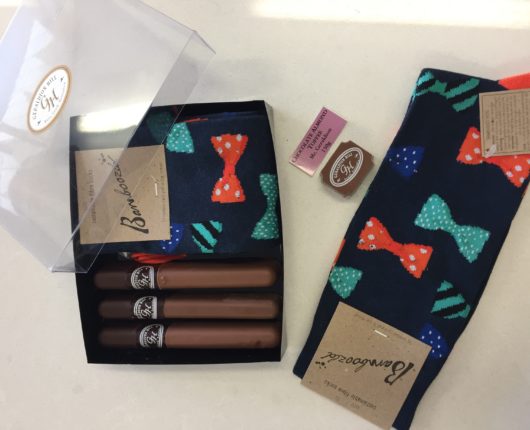 3 Chocolate Almond Toffee Mr. Geraldtons and men’s bamboo bow tie socks gift pack