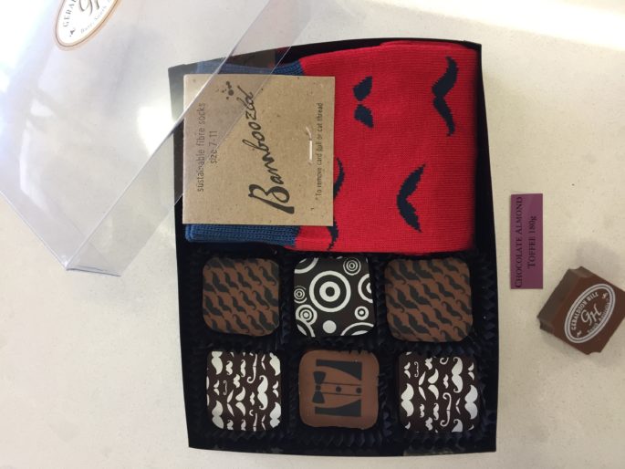 6 Chocolate Almond Toffee Squares and men’s bamboo moustache socks